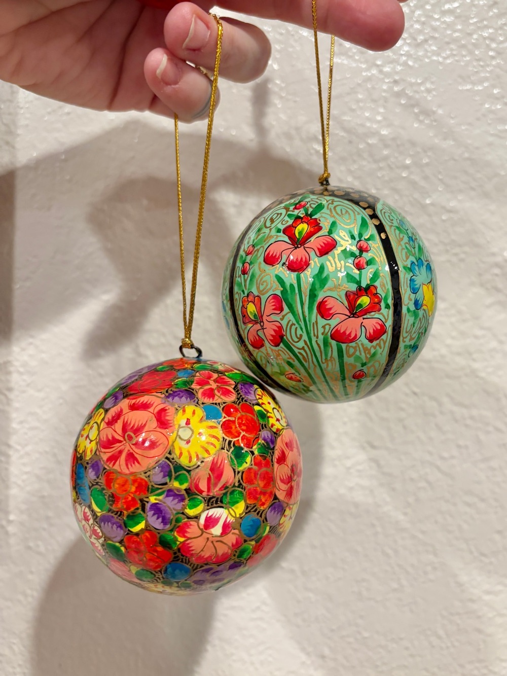 Kashmiri Hand-Painted Papier Mâché Floral Holiday Ornaments - set of 2
